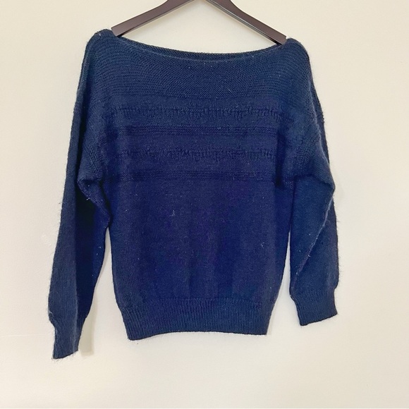 Hand Knit Wool Blend Navy Blue Sweater - Picture 2 of 4